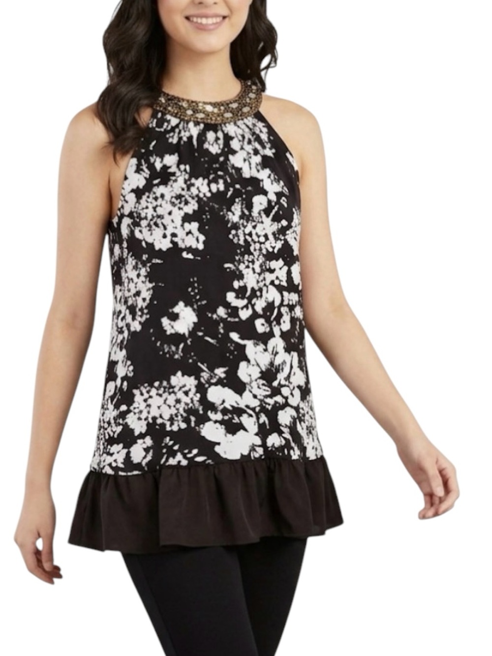 VELVET Jewel Neck Black White Silk Top Sequin High Neck Boho Chic Size Large